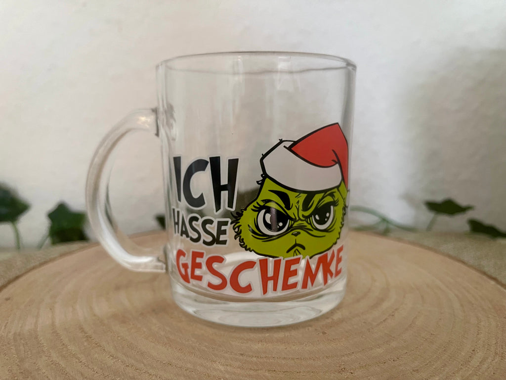 Grinch Teeglas 300ml – „Ich hasse Geschenke / Weihnachten“ Weihnachtsbecher